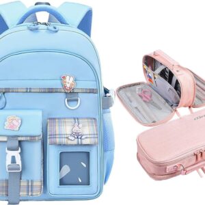 WYCY School Backpacks for Girls Kawaii Backpack Large Capacity Kids School Bag with Canvas Pencil Case for Girls 6-12 Years Old (Blue)