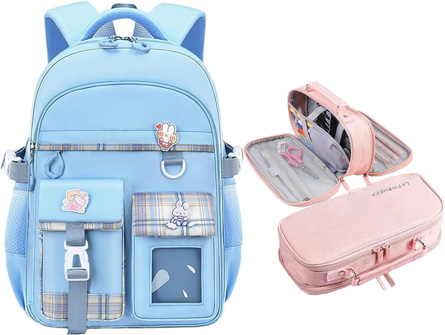 WYCY School Backpacks for Girls Kawaii Backpack Large Capacity Kids School Bag with Canvas Pencil Case for Girls 6-12 Years Old (Blue)
